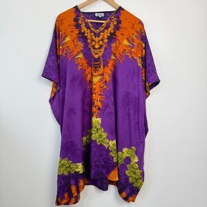 Jovie Kaftan Dress Womens One‎ Size Purple Orange Floral V Neck Pockets Resort